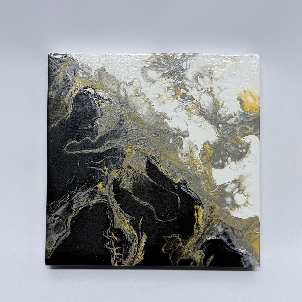 Original Abstract Fluid Acrylic Pour Painting Black White Gold 8x8 Wood Board